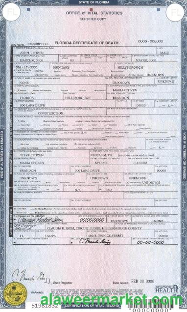 USA state Florida death certificate template in PSD format